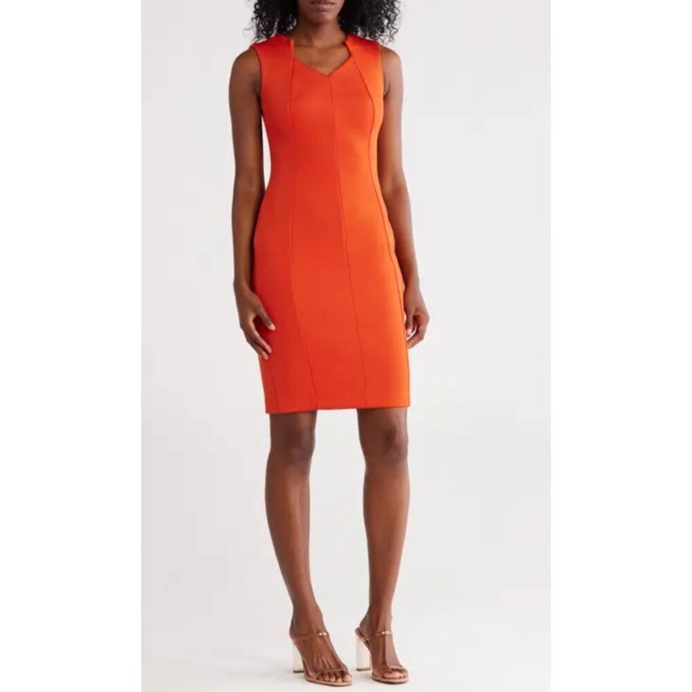 Calvin Klein Women Orange Sleeveless Notched Neckline Sheath Dress Size 12P <3